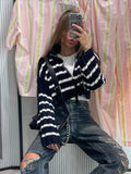 Anokhinaliza Striped Zipper Knitted Cardigan Sweater Commute Casual Women Short Coat top Temperament Fashion High Neck Exposed Waist Sweaters