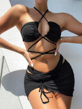 Anokhinaliza 3 Pieces Criss Cross Halter Bikini Women & Beach Skirt Swimwear Female Sexy Swimsuit Beachwear Bathing Swimming Suit