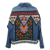 Anokhinaliza Boho Denim Jacket for Women Autumn Floral Appliques Embroidery Vintage Coat Long Sleeve Outerwear Female Jacket Coatee