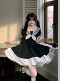 Anokhinaliza Black Dress Women Bow Japanese Cute Lolita Dress Women Sweet lace Puff Sleeve Student Dresses Party Sailor Collar Kawaii Dress