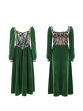 Anokhinaliza Vintage France Green Velvet Floral Dress for Women Chic Auricular A-line Party Prom Robe Winter Spring Harajuku Clothes