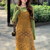 Anokhinaliza 2024 Spring New Streetwear Hollow Sexy Knitted Sling Dress Women + Solid Color Casual Long-sleeved T-shirt Two-piece Suit