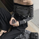 Anokhinaliza One-line Striped Women's Short T-shirt Slim-fit New Style Wool Knit Base off-shoulder Shirt Autumn Winter Long Sleeves T-shirt