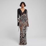 Anokhinaliza Transparent Zebra Print Striped Chiffon Dress Sexy Elegant V-neck Long Sleeve Maxi Dresses Summer Beach Y2K Outfits