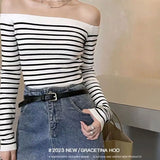 Anokhinaliza One-line Striped Women's Short T-shirt Slim-fit New Style Wool Knit Base off-shoulder Shirt Autumn Winter Long Sleeves T-shirt