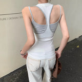 Anokhinaliza High Street Contrast Color Patchwork Casual Camisole Women Fake Two-piece Backless Sexy Slim All Match Tops