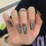 Anokhinaliza Black Square Press On Nails with 3D Cross Designs - Full Cover Acrylic False Nails for Women and Girls Detachable Long Fake nail