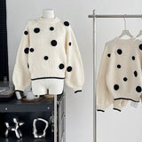 Anokhinaliza French Retro Polka Dot Lantern Sleeve Sweater for Women Autumn/Winter New Korean Chic O-Neck Loose Casual Pulovers Women Tops