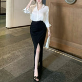 Anokhinaliza Summer New Polo Collar Loose Casual White Long-sleeved Shirt Women + High Waist Sexy Split Mid-length Skirt Two-piece Suit