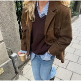 Anokhinaliza Casual Brown Lapel Pocket Suede Leather Jacket Fashion Woman Single Button Long Sleeve Crop Coat Lady Autumn Street Outwear