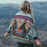 Anokhinaliza Boho Denim Jacket for Women Autumn Floral Appliques Embroidery Vintage Coat Long Sleeve Outerwear Female Jacket Coatee