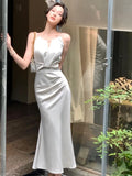 Anokhinaliza New Summer Stain Midi Dress Women Evening Party Dress Elegant Sleeveless Slim Mermaid Prom Robe Fashion Solid One Pieces Vestido