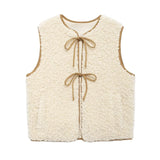 Anokhinaliza Autumn Fleece Vest Tops for Women Beige Sexy Lace Up Cropoed Top Warm Lambswool Vest Fashion and Chic Blouse