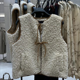 Anokhinaliza Autumn Fleece Vest Tops for Women Beige Sexy Lace Up Cropoed Top Warm Lambswool Vest Fashion and Chic Blouse