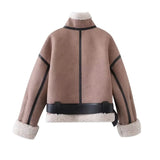 Anokhinaliza Women Warm Faux Shearling Jacket Coat Lapel Bomber Jacket with Belt Metal Zip Thick Jacket Winter Female Outerwear