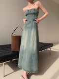 Anokhinaliza American Retro High-End Denim Dress Women'S Top Design Versatile And Unique Slim Fitting Long Skirt