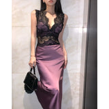 Anokhinaliza 2024 Spring New Korean V-neck Sexy Backless Lace Patchwork Satin Elegant Party Dress Women + Black Camisole Two-piece Suit