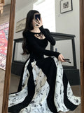 Anokhinaliza Vintage Knitted Patchwork Floral Dress Irregular Design Sense Hepburn Wind Sweet Fashion Slim Summer New Black Long Dresses