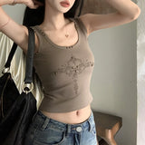 Anokhinaliza American Retro Printed Rivets Casual Camisole Women High Street Sexy Slim All Match Crop Tops