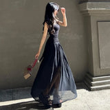 Anokhinaliza Y2K Wide Strap Panele Chiffon Gather Maxi Dress Folds Formal Summer Vintage Tank Black Dress Women Party Clubwear Long Robe