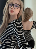 Anokhinaliza Striped Backless Slim Casual T-shirt Women Sexy Y2k Aesthetic Vintage Tshirts All Match Streetwear Long Sleeve Crop Tee Shirts