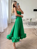 Anokhinaliza 2024 Women Spaghetti Strap A-line Ruffles Pink Evening Dresses Elegant Sweet Sleeveless Backless Zip-up Green Party Prom Dress