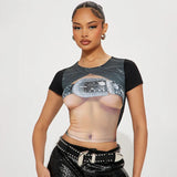 Anokhinaliza Aesthetics Printed Crop Top Y2K Clothes Women Summer O Neck Short Sleeve Slim Shirt Graphic Tee Streetwear Sexy Tees