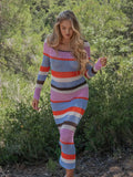 Anokhinaliza Crochet Knitted  Hollow Out Long Dress O Neck Wrap Hip Color Striped Patchwork Maxi Dresses Women Beach Vacation Casual Vestido