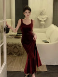 Anokhinaliza Elegant Burgundy Party Prom Dress Spring Summer Solid Sleeveless Velvet Wedding Robe Lady Bodycon Spaghetti Strap Vestido Mujers