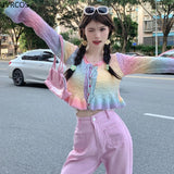 Anokhinaliza Harajuku Y2k Rainbow Knitted Cardigan Women Kawaii Lace-up Hplloow Out Ruffle Flare Long Sleeve Sweater Coat Casual Knitwear Top