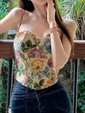 Anokhinaliza Vintage Floral Print Vest Women Sexy Off Shoulder Strapless Vest Female Korean Fashion Casual Sleeveless Tank Tops Summer