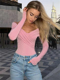 Anokhinaliza V-Neck Summer Patchwork T-shirt Cropped Top For Women Fashion Mesh Long Sleeve Sexy Off-Shoulder Female Y2k Top Tee 2024