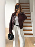 Anokhinaliza Faux Leather Short Jacket For Women Zipper Long Sleeve Lapel Moto Biker Street Coats Female 2024 New Chic Outwear Top