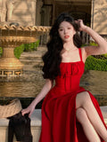 Anokhinaliza French Elegant White Strap Midi Dress Summer New Casual Evening Party Dress Women Beach Sleeveless Lace-up Red Dress Korean