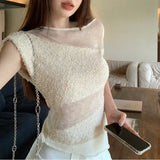 Anokhinaliza Skew Collar Sexy Slim Asymmetric Knit Short Sleeve T-shirt Women 2024 Summer New Streetwear Contrast Color Patchwork Casual Tops