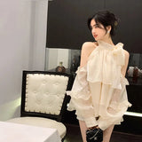 Anokhinaliza Spring Summer Long sleeve Chiffon shirt Sexy Off the shoulder Tops Sweet Loose Solid Ruffles Women Blouse