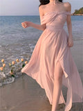 Anokhinaliza France Elegant Backless Chiffon Beach Dresses Korean Chic A-line Pink Fairy Dress Summer Casual Vocation Party Club Vestidos