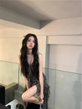 Anokhinaliza Japanese Sexy Dark Sleeveless V-neck Women Dresses Cascading Ruffles Asymmetrical Femme Robe Harajuku 2024 Summer Camisole Dress