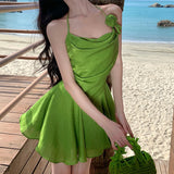 Anokhinaliza Summer Green Sleeveless Slip Sexy Club Vacation Elegant Pleated Mini Dress 2024 New Fashion Evening Party Dress Women Streetwear