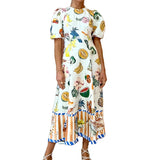 Anokhinaliza New fashion popular clothing women's summer new temperament elegant fruit print waisted round neck swing dresses