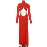 Anokhinaliza Sexy Cut Out Backless Red Party Dress Women Elegant Luxury Turtleneck Long Sleeve Maxi Dresses Evening Gown