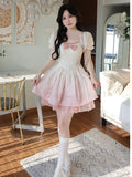 Anokhinaliza Bubble Sleeve Kawaii Lolita Mini Dress Women Pink Bow Princess Sweet Party Cute Dress A-Line Elegant Fairy Dress 2024 Spring New