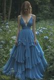 Anokhinaliza Retro Ball Gown Spaghetti Straps Blue Chiffon Long Evening Dress Prom Dresses SD1744