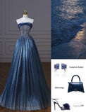 Anokhinaliza Retro Ball Gown Strapless Neckline Sequin Blue Party Dress Long Prom Dress Evening Dresses SD1754