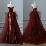 Anokhinaliza Modest Mermaid Strapless Burgundy Floor Length Evening Dress Sequin Prom Dresses SD1798