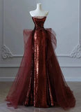 Anokhinaliza Modest Mermaid Strapless Burgundy Floor Length Evening Dress Sequin Prom Dresses SD1798