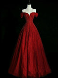 Anokhinaliza Classy Ball Gown Off The Shoulder Burgundy Long Party Dress Tulle Prom Dresses SD1809