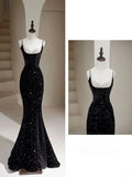 Anokhinaliza Sexy Mermaid Spaghetti Straps Sequin Black Long Prom Dresses SD1813