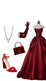 Anokhinaliza Sexy Ball Gown Strapless Burgundy Satin Long Evening Gowns Prom Dresses SD1823