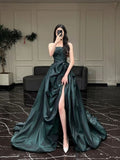 Anokhinaliza Sexy Ball Gown Strapless Dark Green Satin Long Evening Gowns Prom Dresses SD1831